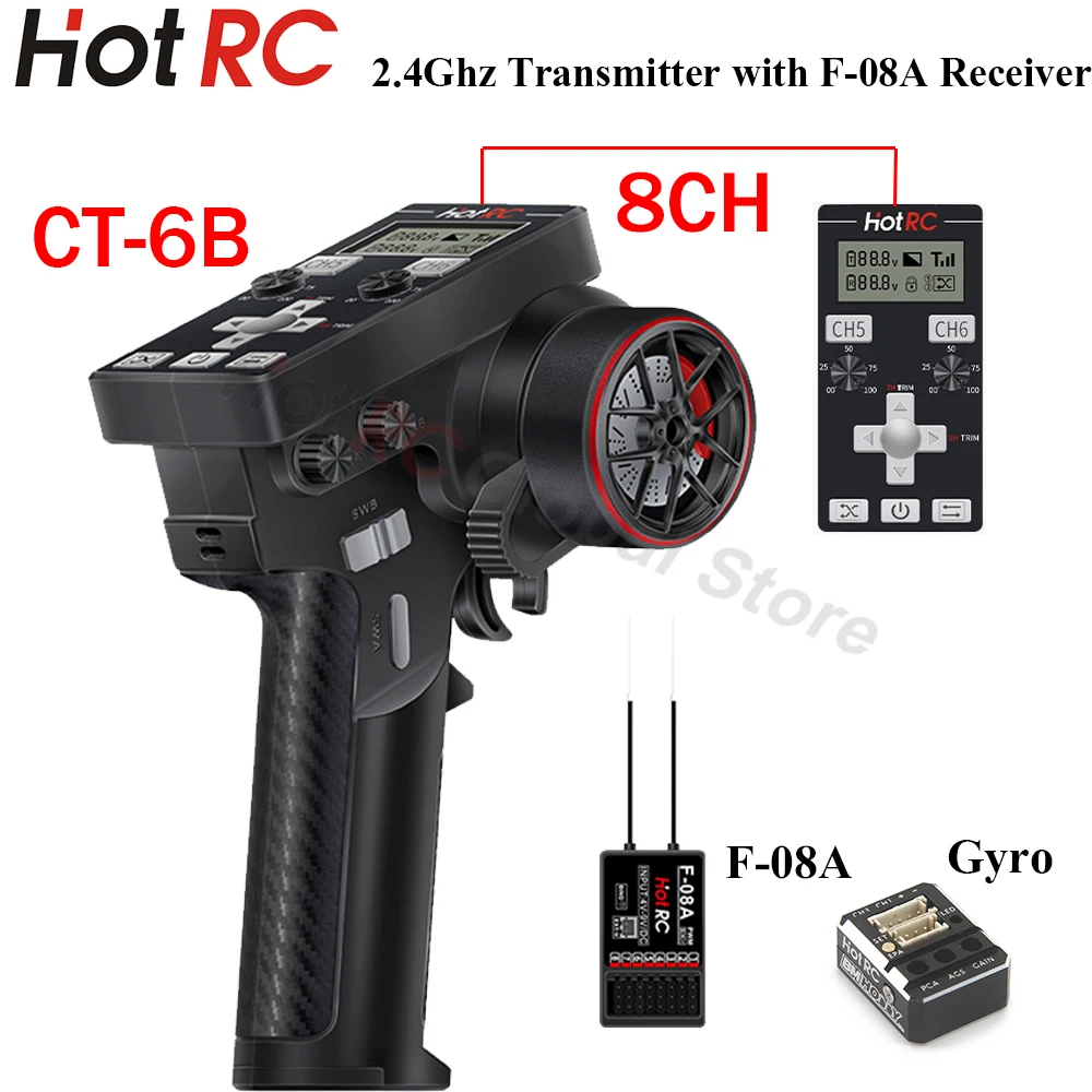 HOTRC CT-6B 8CH 8 Channel 2.4Ghz One-Hand Operation Remote Control Transmitter and F-08A PWM Receiver Gyro for RC Car Boat Tank