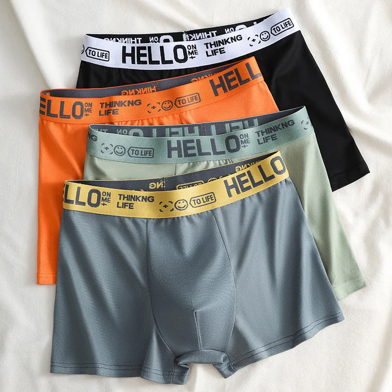 Hello Men's Cotton Blend Stretch Boxer Briefs for Men & Boys with Contrast Waistband & Letter Print Mid-Rise Underwear for US