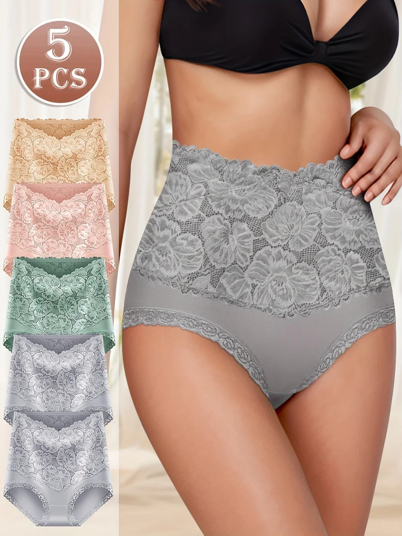 

5pcs MIOTAN High-Waisted Tummy Control Women's Briefs, Elegant Lace Trim, Comfort Fit Underwear with Jacquard Pattern