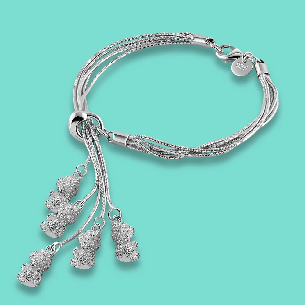 

Fashion 925 Sterling Silver Bracelet Women's Tassel Snake Chain Bear Animal Pendant Charm Jewelry Valentine's Day Gift