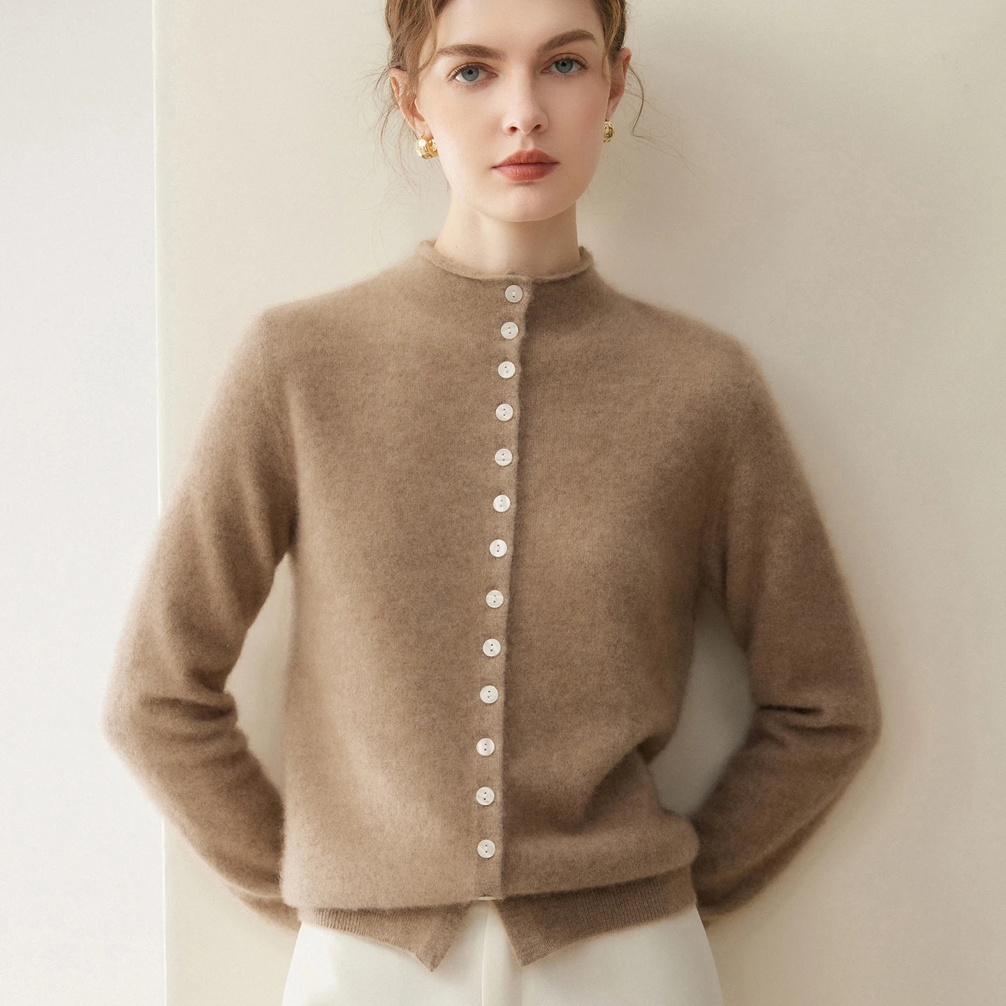 Women's cardigan half high neck 100% cashmere sweater solid color knitted slim fit exquisite autumn and winter long sleeved new