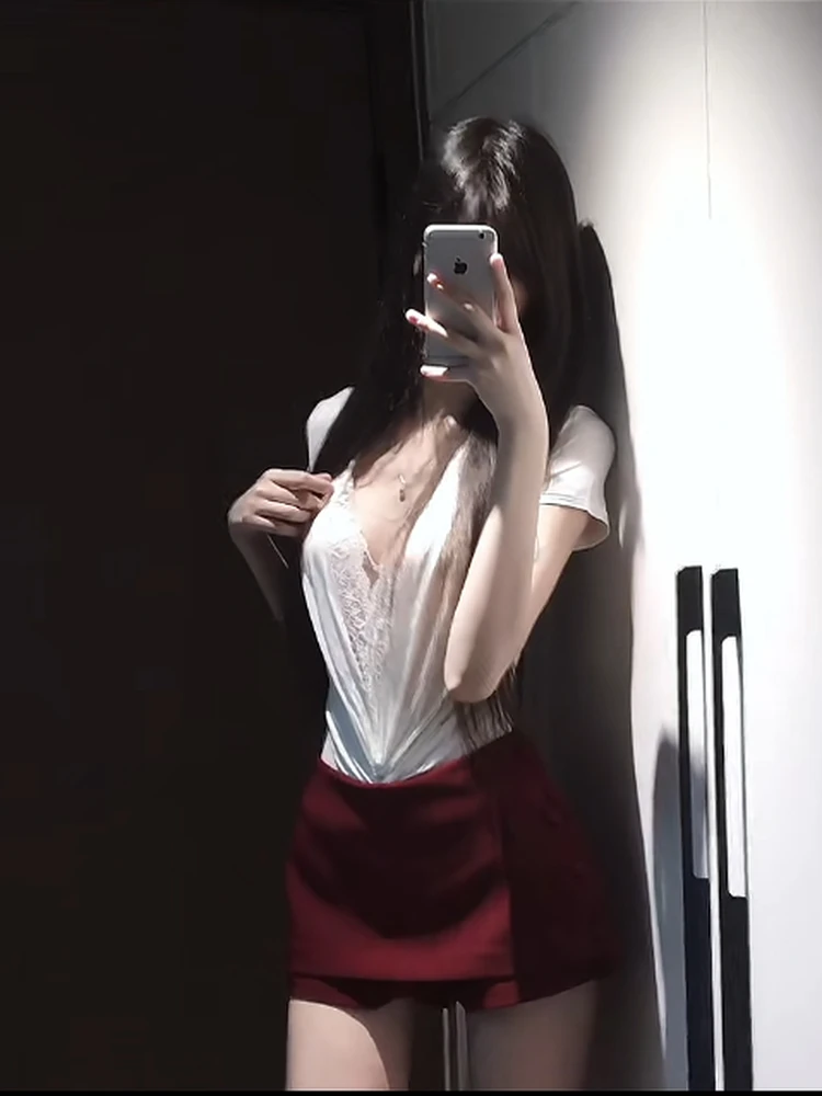 Jannie Lace Splice oulder T-irt Versatile Slimming V-Ne-Piece Summer Thin Low Waist orts Linen Blend Ladies Suit