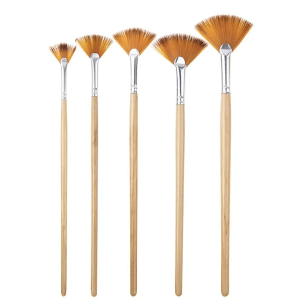 5pcs Acrylic Watercolor Paint Artist Fan Paint Brushes Painting Tool Wooden Different Fan Shape Pens Nylon Hair Brown