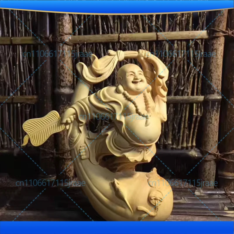 Natural Cypress Joyful Maitreya Buddha Figure Decoration Statue-Distinctive WoodCarving Suitable for Home Room Office Decorative