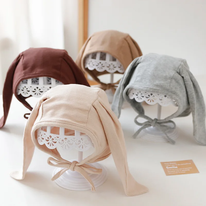 Korean Cute Cartoon Bunny Bear Ear Newborn Hat Beanie Spring Autumn Toddler Cap Turban with Strap for Infant Baby Boys Girls