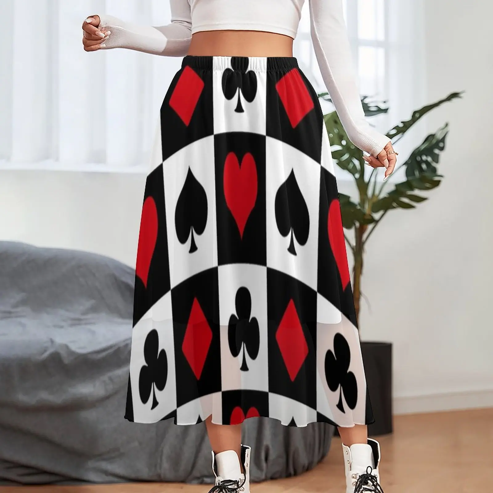 Plaid Poker Print Skirt Playing Card Beach Long Skirts Summer Korean Fashion High Waist Chiffon Pattern Big Size A-line Skirt