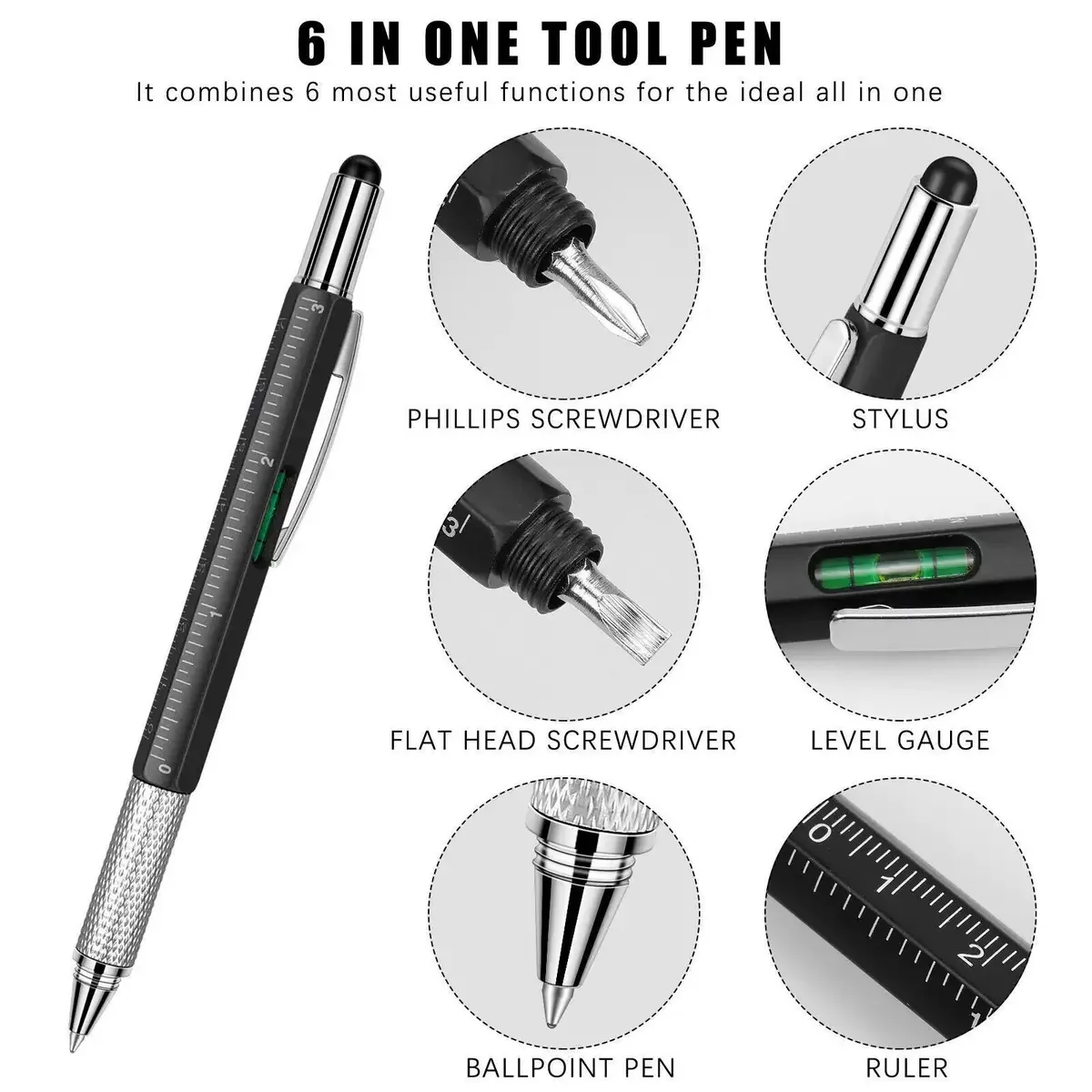 

7 in 1 Multifunctional Pen Touch Screen Stylus Capacitive Pen with Screwdriver Ruler Levelgauge Refillable Ballpoint Pencil Tool