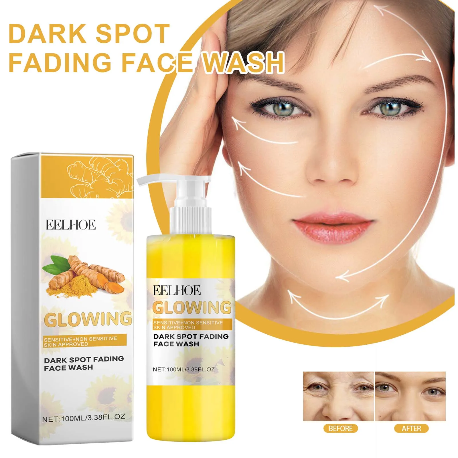 EELHOE Limpiador facial de cúrcuma Limpieza profunda Eliminación de maquillaje facial Limpiador facial de cúrcuma refrescante y apretado