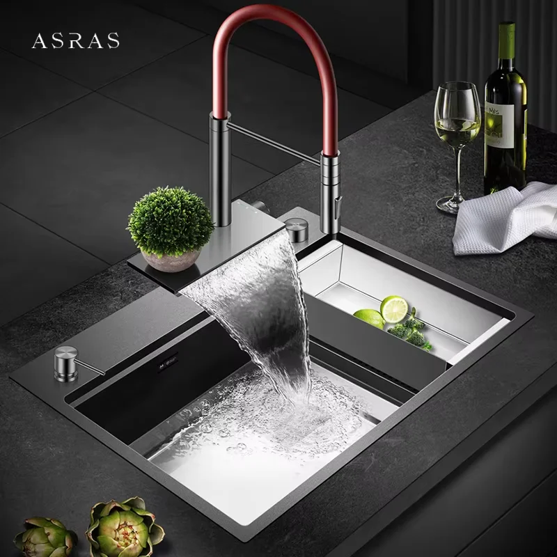 

ASRAS Waterfall Faucet Cup Rinser Kitchen Island Sink SUS 304 Stainless Steel 4mm Thickness Handmade Nano Kitchen Sinks