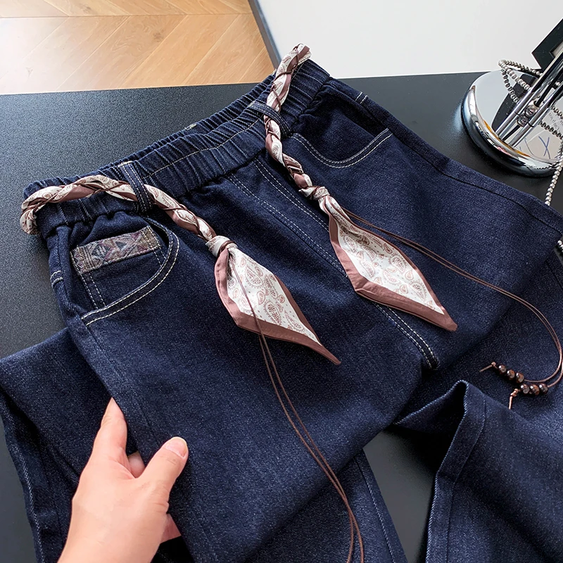 High Waist Wide Leg Denim Jeans Women's Vintage Slim Scarf Belt Straight Leg Pants Casual Cotton Long Trousers Autumn 2025