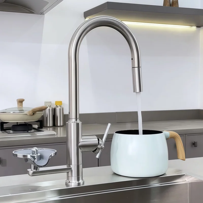 Stainless Steel Kitchen Hot and Cold Water Faucet with Pull-out Sprayer, Built-in Cup Washer, Sink Faucet, Rotatable