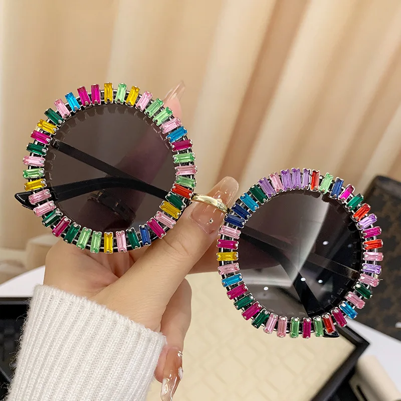 Luxury Brand Designer Round Diamond Sunglasses Women For Female Fashion Vintage Party Travel Steampunk Sun Glasses Shades UV400