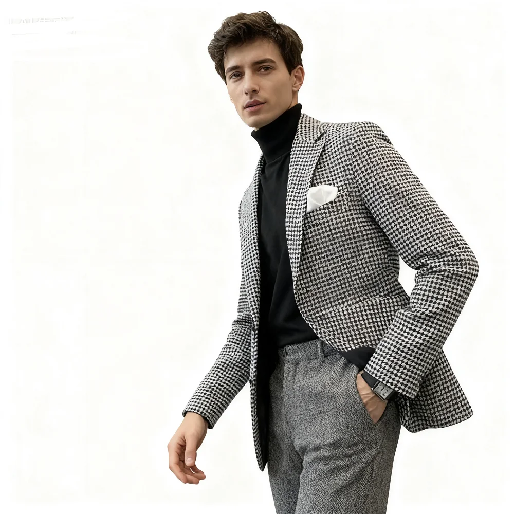 

Облегающий пиджак с узором «гусиные лапки» для мужчин, повседневный модный деловой стиль, с лацканами Terno Jaqueta, 1 шт., клетчатый костюм, пальто