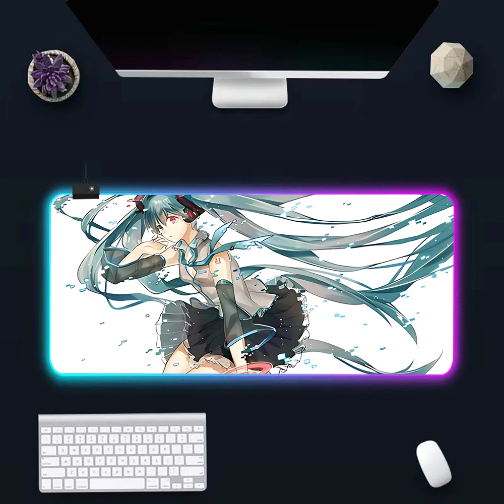 H-Hatsunes Miku RGB Pc Gamer Keyboard Mouse Pad Mousepad LED Glowing Mouse Mats Rubber Gaming Computer Mausepad