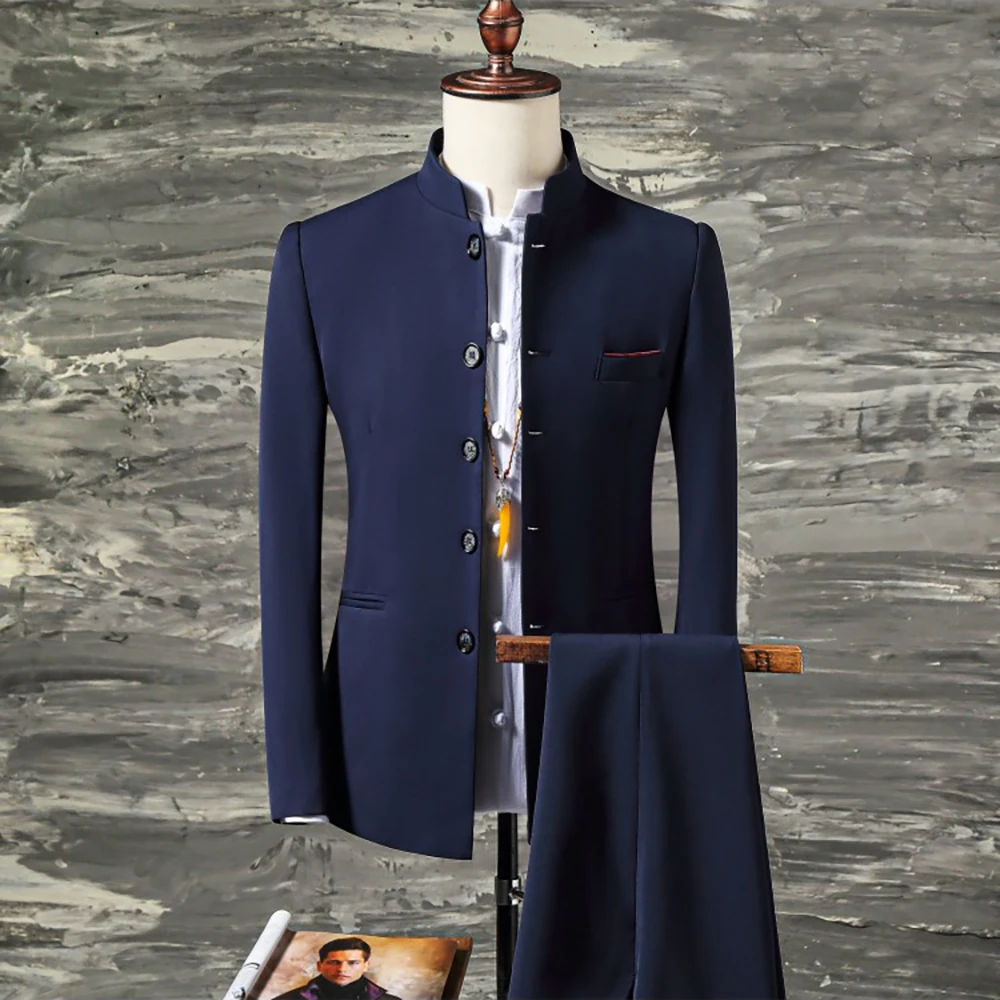 

Tang Style New Men's Business Solid Color Suit Coat / Male Slim Wedding 2 Pieces Blazers Jacket Pants Trousers Roupas Masculine