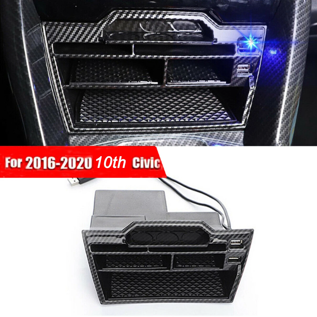 

For Honda 10 th Civic 2016-2020 Auto Interior Console Storage Box w/USB Accessories