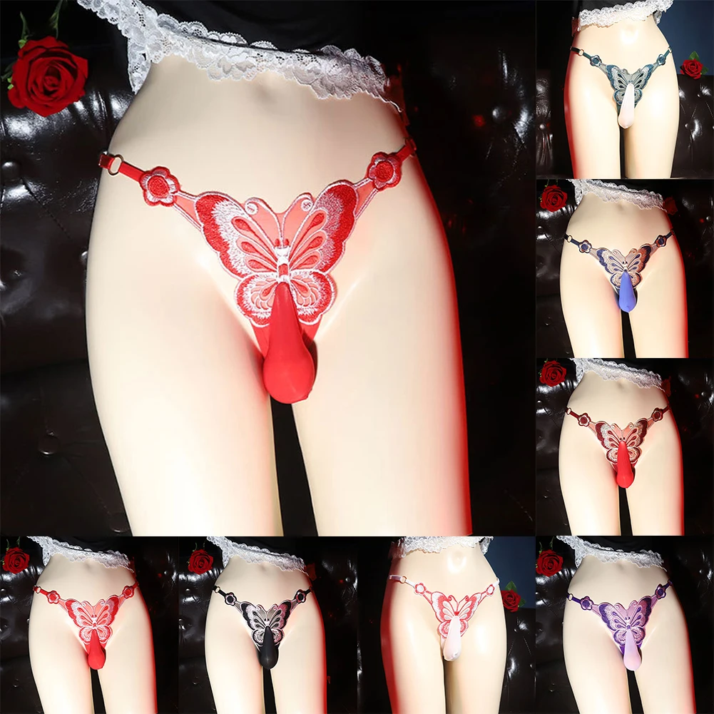 Men\'s Sissy G-string Butterfly Shape T-back Thongs Lace Man Sexy Underwear Ball Pouch Panties See Through Briefs Underpants