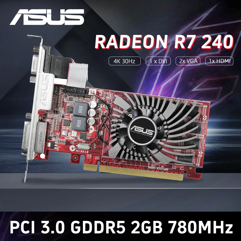 

Видеокарта ASUS Radeon R7 240 2GB DDR3, PCI-E 3.0, HDMI/DVI/VGA, 780 МГц (процессор), 1800 МГц (память), для игр и мультимедиа начального уровня