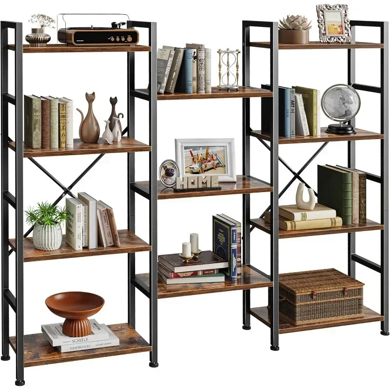 

Triple 4 Tier Bookshelf Bookcase with 11 Open Display Shelves Wide Book Shelf Book Case for Home & Office Rustic Brown
