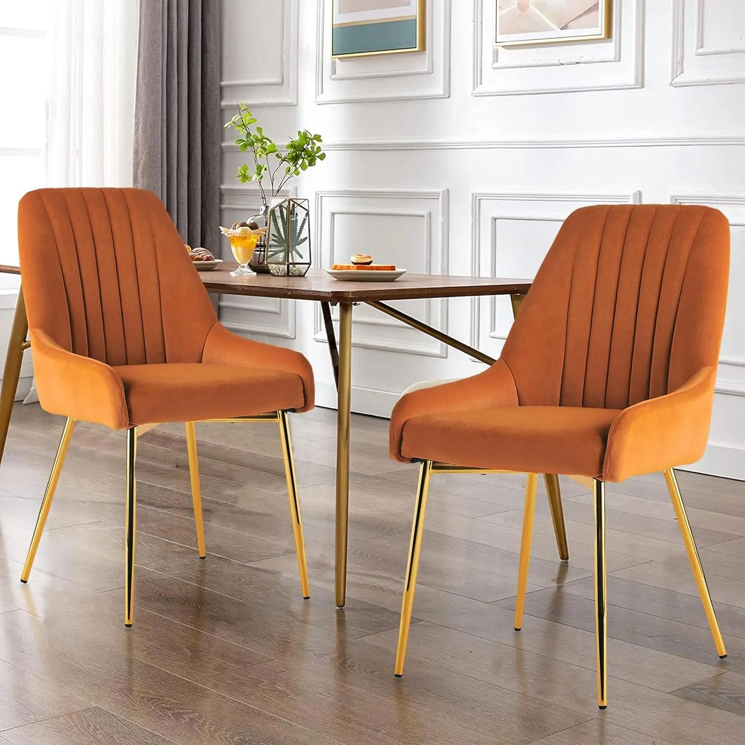 Modern Velvet Dining Chairs Set of 4, Upholstered Dining Room Chairs with Gold Metal Legs, Armless Side Chairs