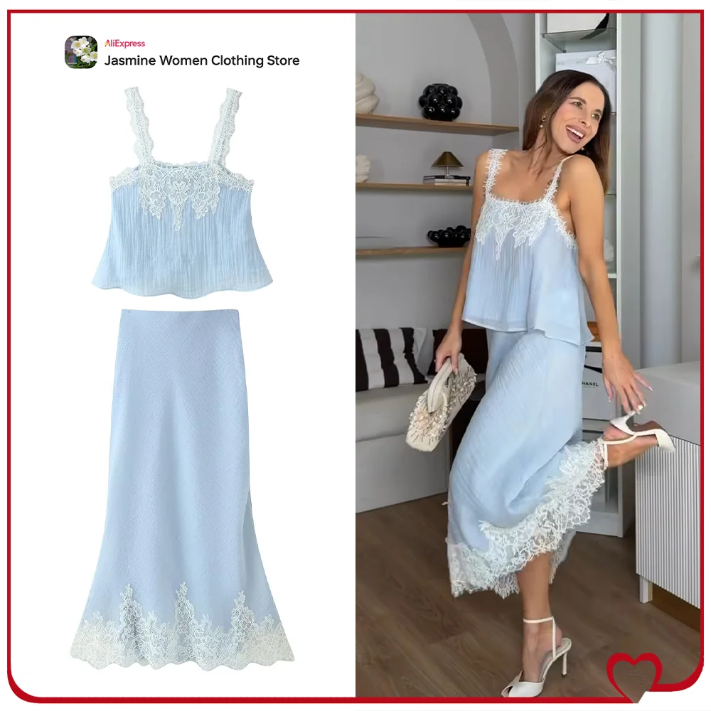 Stylish Summer New Matching Sets for Women Pastel Blue 2 Piece Sets Straight Neckline and Thin Lace Strap Top + Tonal Midi Skirt