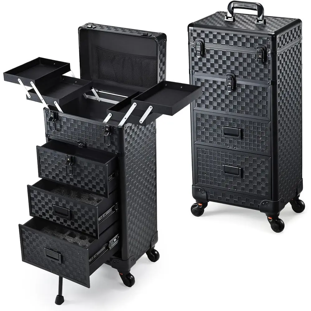 

Rolling Makeup Case with Drawers Cosmetology Case on Wheels 4 IN 1 Makeup Case 3 Drawers with Foot Stand Spring-release Mechanis