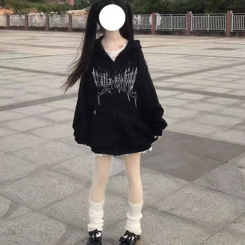 Autumn Pullovers Gothic Harajuku Zip Up Hoodies Women Goth Tops Japanese Streetwear Kawaii Hooded Sweatshirt Y2k