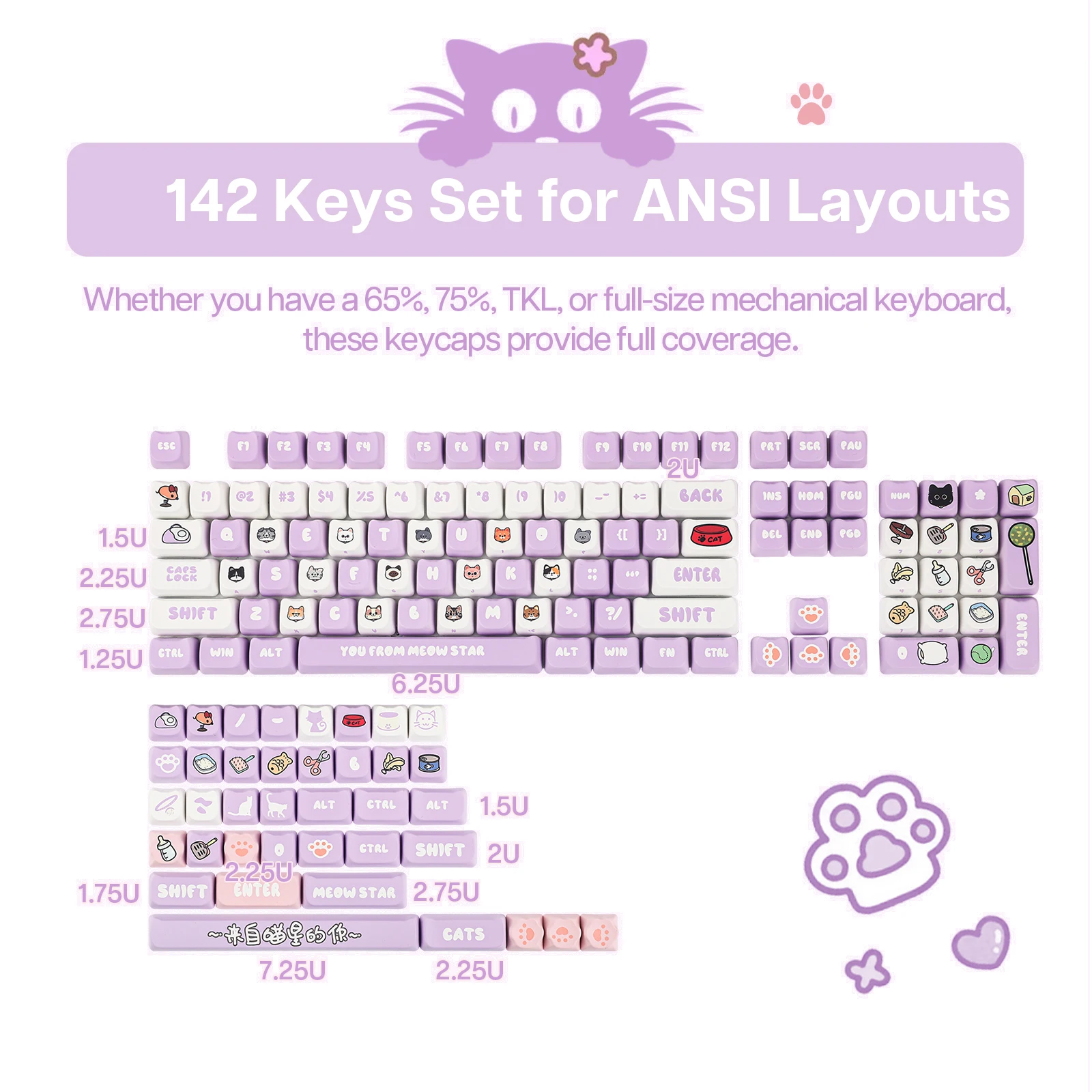 

EPOMAKER PurrCap Keycap 141 Keys MAO Profile Dye Sublimation PBT Full Keycaps Set Keyboard Keys Dsa Keycaps