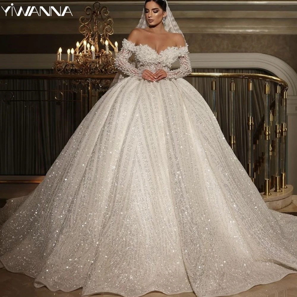 Exquisite Off The Shoulder Bridal Dress Shiny Sequins Beads Wedding Gown 2024 Ball Gown Bride Robe Customized Vestido De Novia