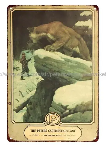 1930 Peters Cartridge Company Calander Mountain Lion Hunter metal tin sign sign