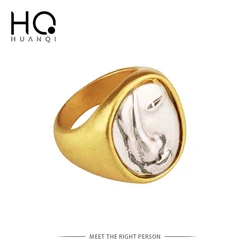 HUANQI Vintage Exaggeration Portrait Big Round Rings Personality Geometric Finger Rings for Women Girls Party Jewelry Gifts