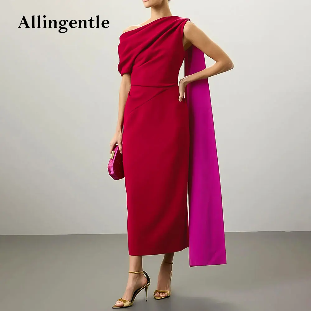 

Red One-Shoulder Crepe Satin Evening Dress with Shawl Ankle-Length Sheath Pleats Women's Formal Wedding Party Gowns Customized