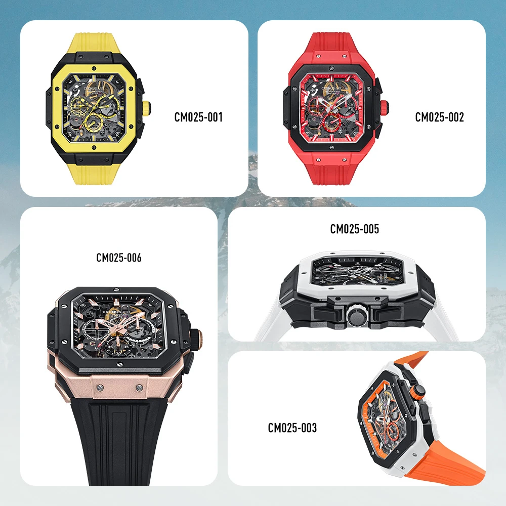 CRONUSART Men Chronograph Watch 45mm*55mm Square Automatic Mechanical Wristwatch Carbon Steel Case Luminous Fluororubber Strap