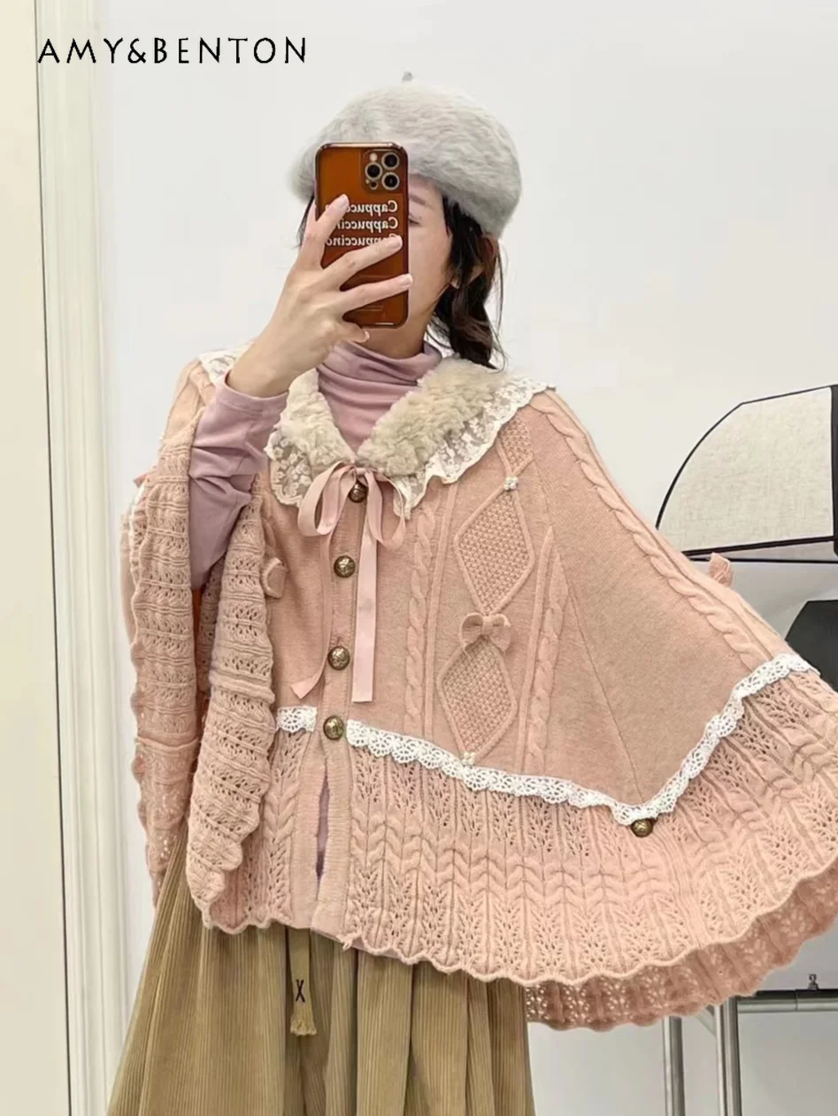 

Japanese Mori Cute Sweet Cloak A-line Knitted Cardigan Autumn Winter New Kawaii Doll Collar Lace Stitching Loose pink cardigan