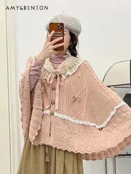 Japanese Mori Cute Sweet Cloak A-line Knitted Cardigan Autumn Winter New Kawaii Doll Collar Lace Stitching Loose pink cardigan