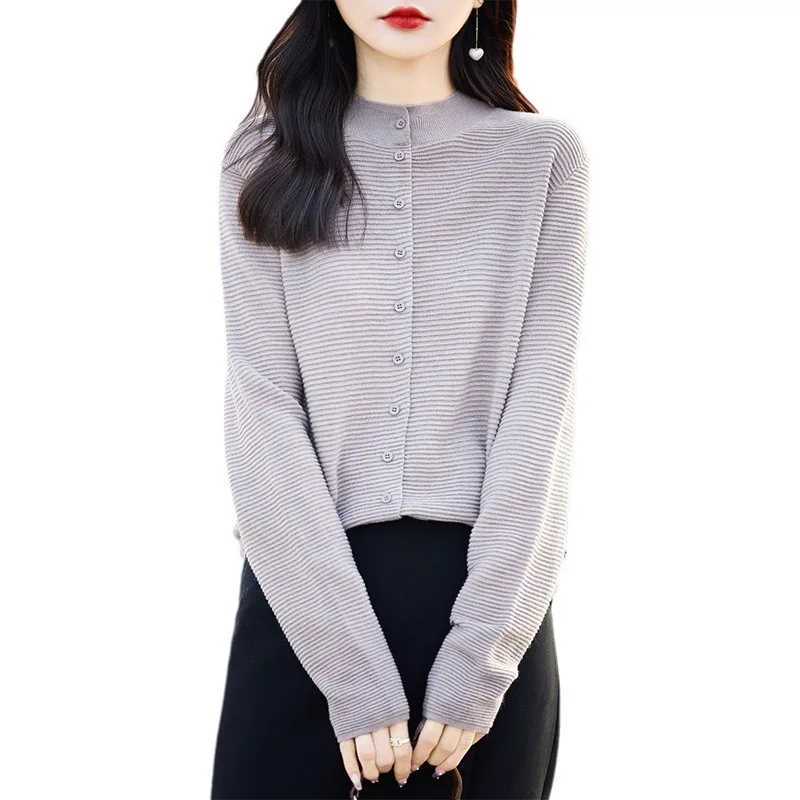 Осень-зима, Новое поступление, женский вязаный шерстяной свитер, полувысокий воротник, ребристый однотонный кардиган, верхняя одежда, топ
