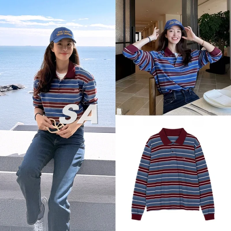 

Yang Cai Yu Long Sve irt Полосатая футболка с свободным воротником и вышивкой, женский повседневный топ в стиле ретро с буквенной строчкой