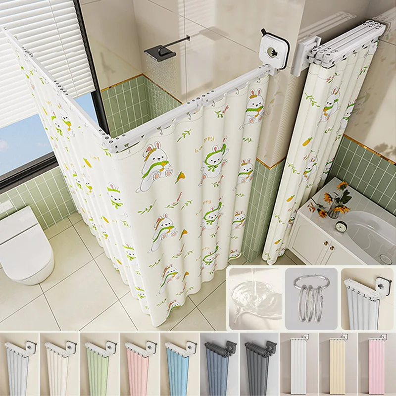 No Drill Suction Cup Foldable Shower Curtain Waterproof Mildew Resistant Bathroom Partition Curtain for Bathtub Privacy Screen