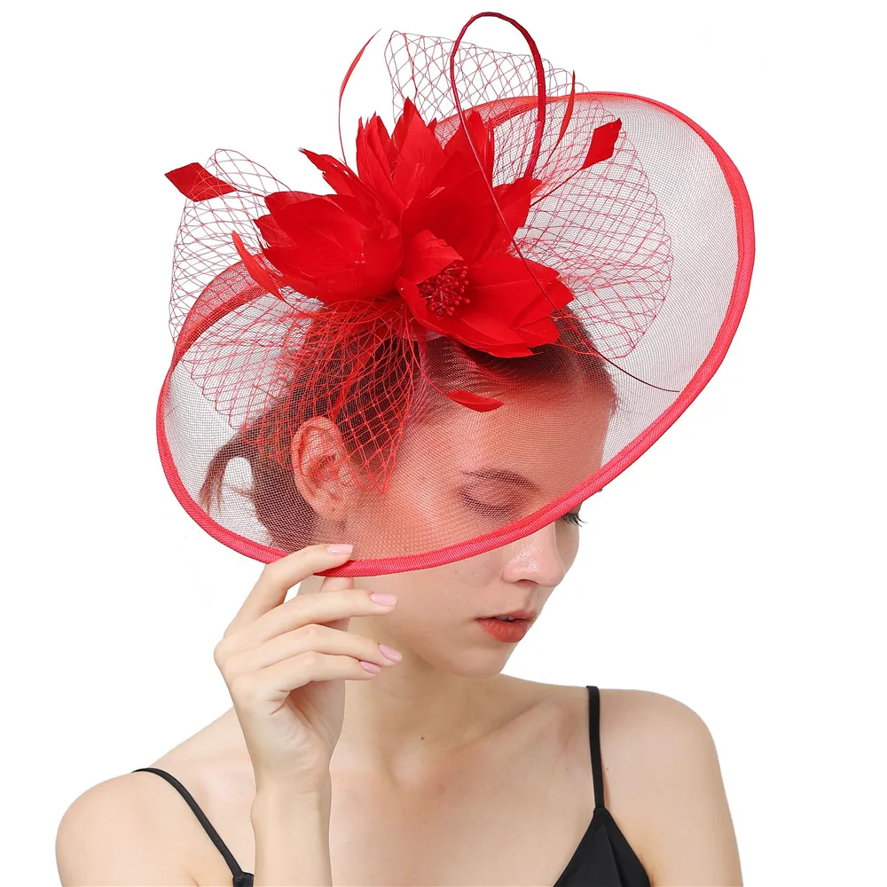 

Fashion Red Cocktail Party Hat Womens Sinamay Fascinator Wedding Church Feather Floral Hair Fascinator Hat Veils Headband