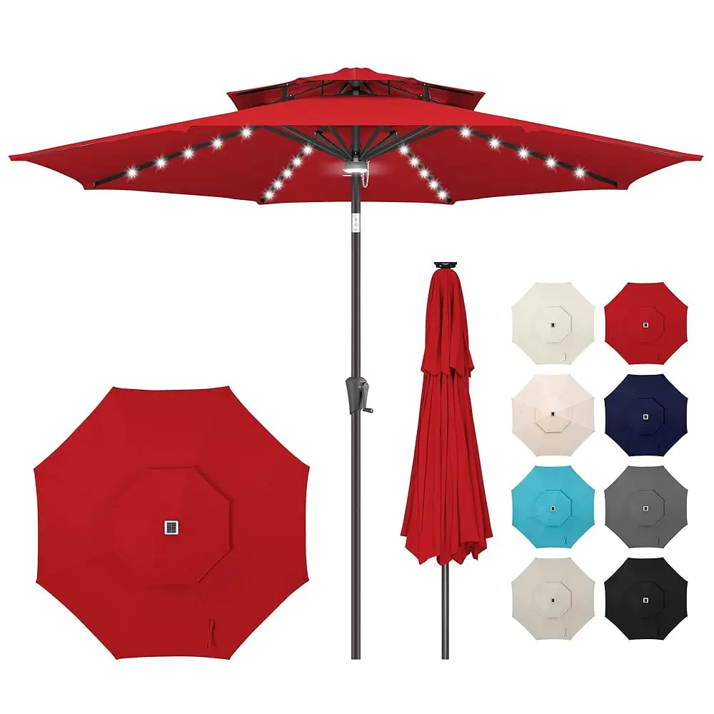 

9Ft Solar Umbrella Outdoor - Double Top Lighted Patio Umbrella With 40 Led Lights Waterprool Uv Protection, Table Umbrella With