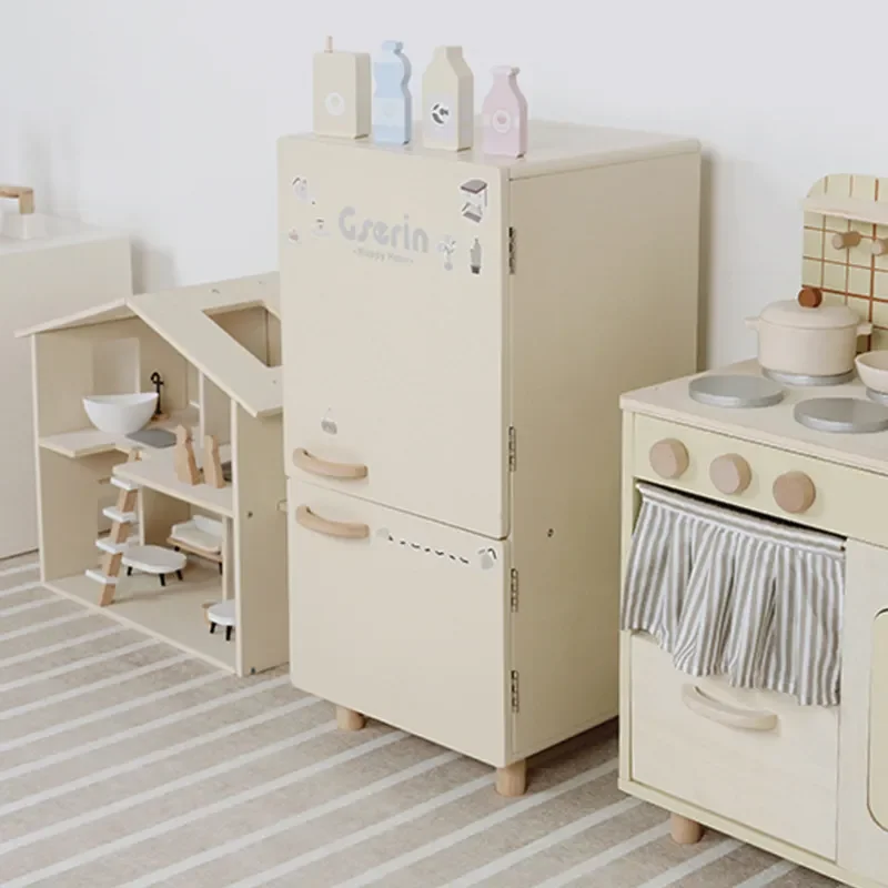 Wooden children's simulation play house Nordic style kitchen refrigerator washing machine mini cooking doll room set toys