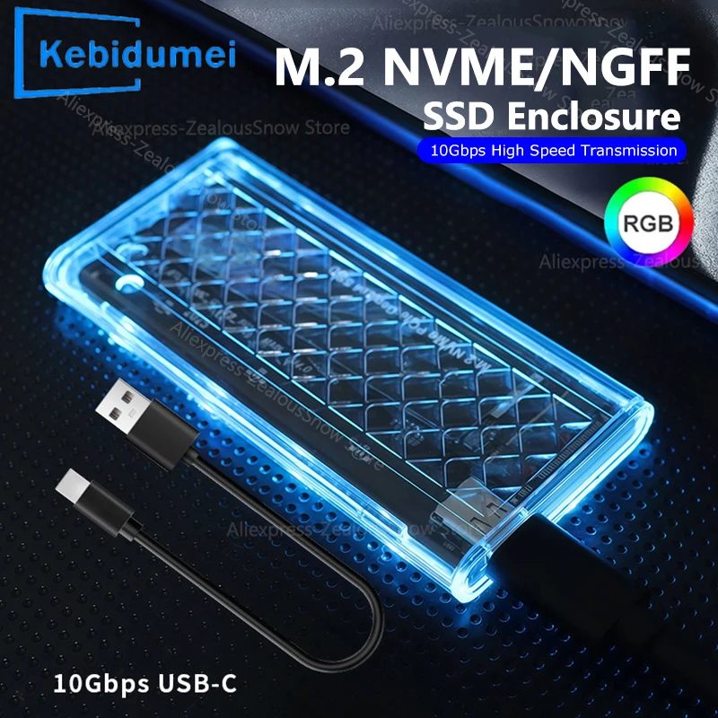 

Корпус для SSD M.2 SATA NVMe с поддержкой двух протоколов, прозрачный, USB3.2 Gan2 Type C 10Gbps, внешний адаптер для PCI-E M2 SSD