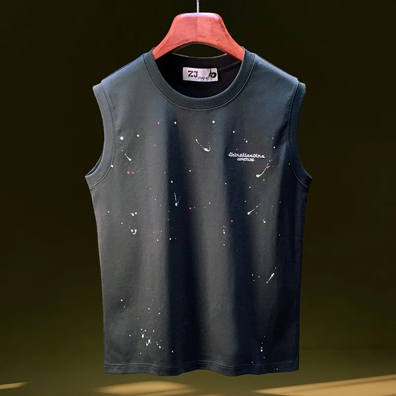 

Summer thin vest clothing, men's trendy loose sleeveless T-shirt, ink dot printed quick drying training top