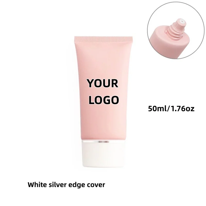 【Logo personalizzato】 50 pezzi personalizzati con coperchio rosa da 50 ml/metici a tubo piatto rosa con bordo bianco argento, prodotti per la cura della pelle, confezione di bellezza