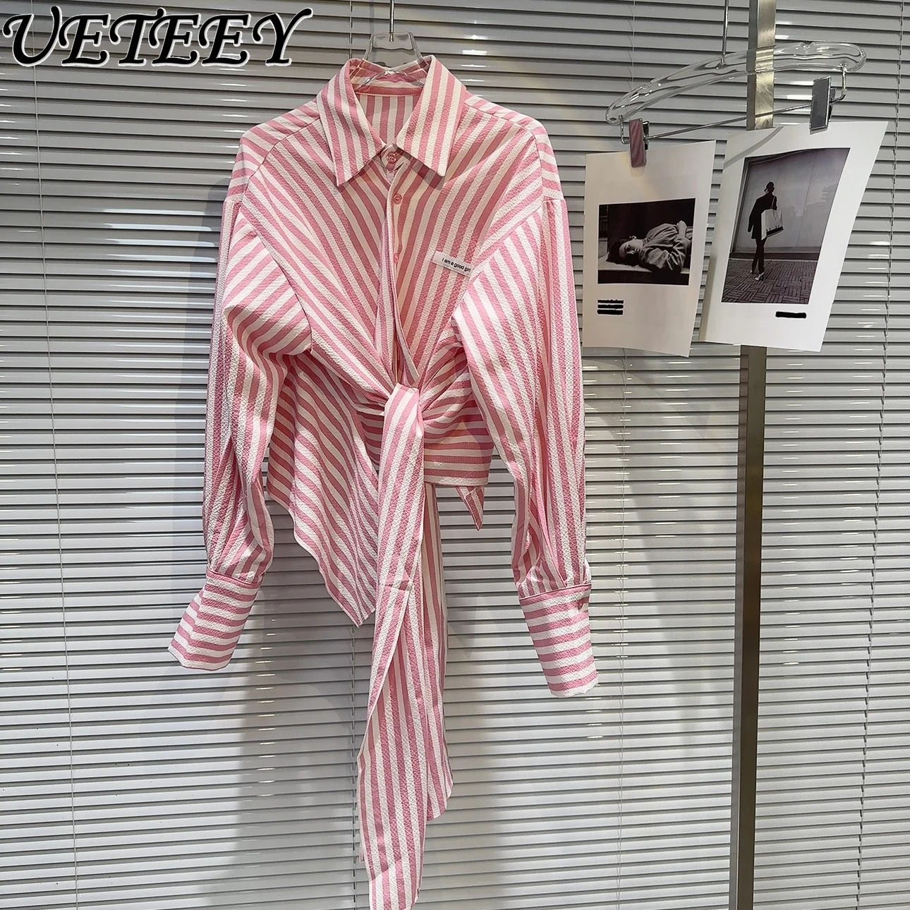 

Summer New Non-Mainstream Style Vertical Stripes Colored Long Sleeve Top Strap Design Loose Hot Girl Sun Protection Shirt