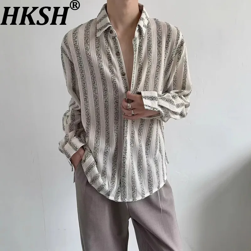 

HKSH American Hollow Striped Long Sleeved Shirt Spring Summer New Men Tide Niche Design Loose Fit Casual Vertical Shirts HK20463