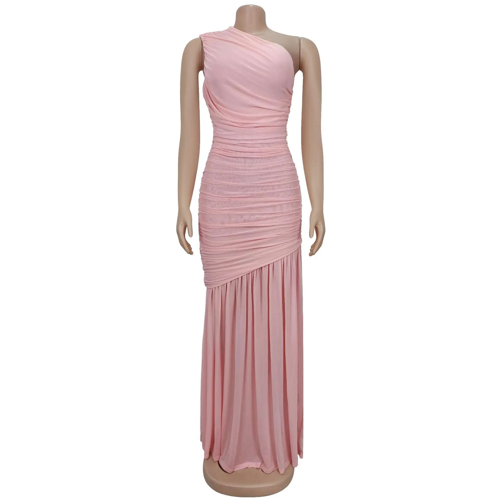 Bangniweigou inclinato monospalla aderente in rete plissettata maxi abito da donna elegante abito da ballo bianco rosa