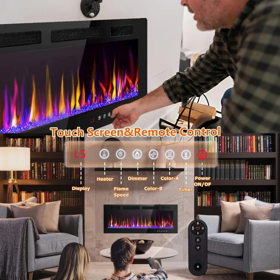 42 inch Electric Fireplace Recessed and Wall Mounted with 750 1500W Heating Capacity Linear Flame Design Touch Screen Control P