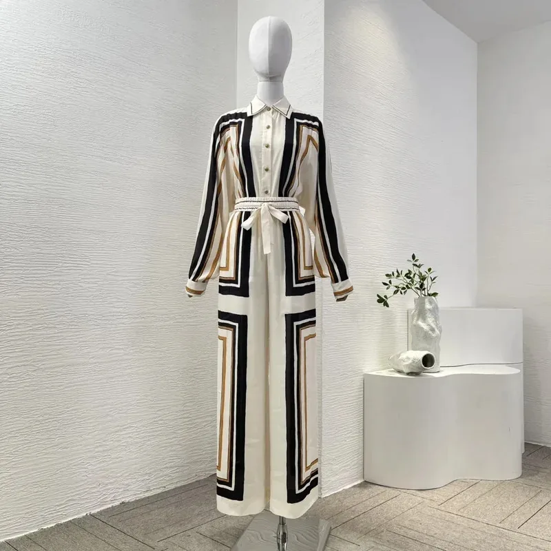 

2025 New Spring Summer High Quality Geometric Stripe Print Full Sleeve Blouse and Wide-leg Pants Women Sets Outfit