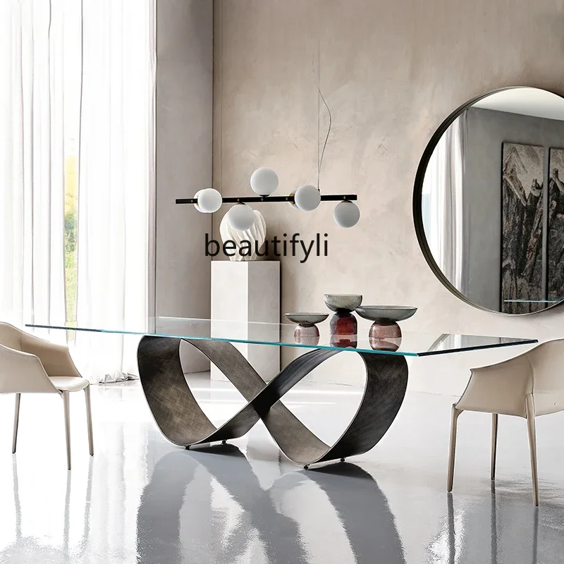 

Italian light luxury rock slab dining table villa living room modern minimalist rectangular tempered glass dining table8076